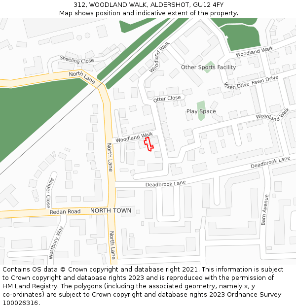 312, WOODLAND WALK, ALDERSHOT, GU12 4FY: Location map and indicative extent of plot