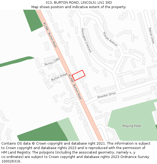 313, BURTON ROAD, LINCOLN, LN1 3XD: Location map and indicative extent of plot