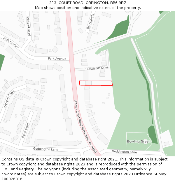 313, COURT ROAD, ORPINGTON, BR6 9BZ: Location map and indicative extent of plot