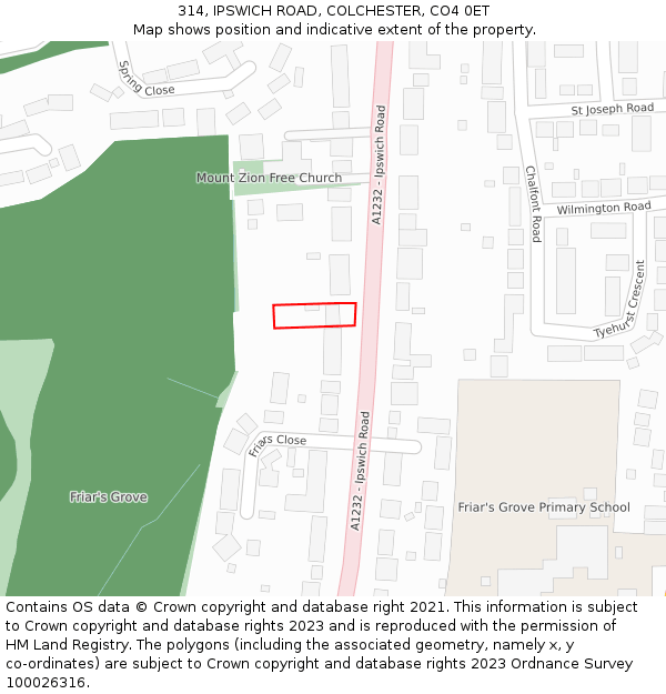 314, IPSWICH ROAD, COLCHESTER, CO4 0ET: Location map and indicative extent of plot
