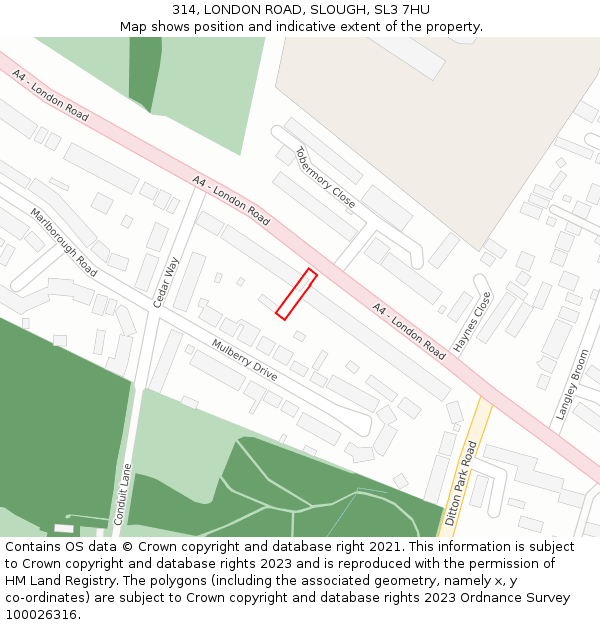 314, LONDON ROAD, SLOUGH, SL3 7HU: Location map and indicative extent of plot