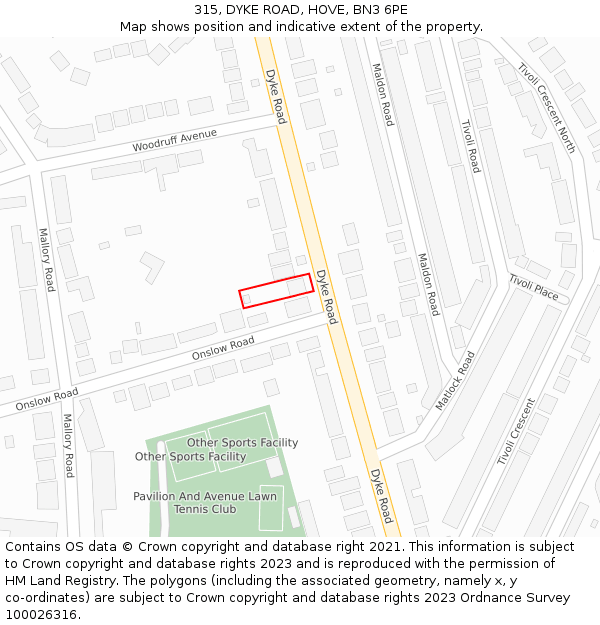 315, DYKE ROAD, HOVE, BN3 6PE: Location map and indicative extent of plot