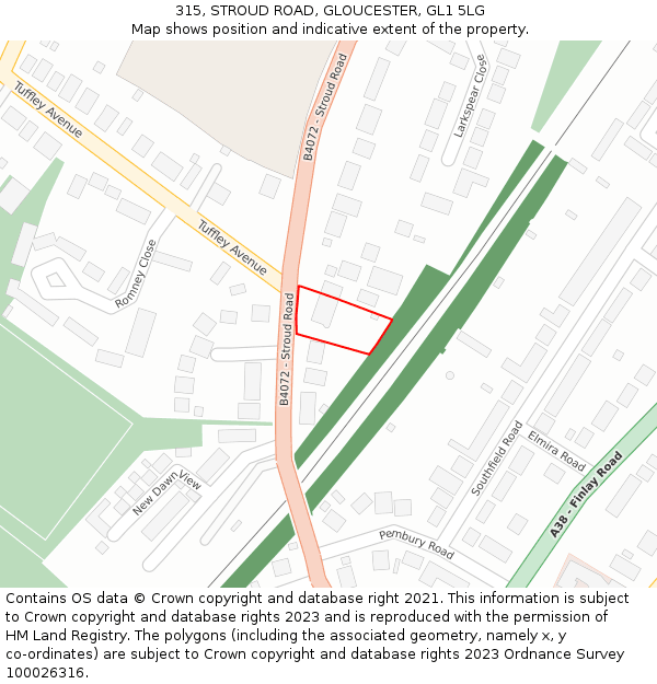 315, STROUD ROAD, GLOUCESTER, GL1 5LG: Location map and indicative extent of plot