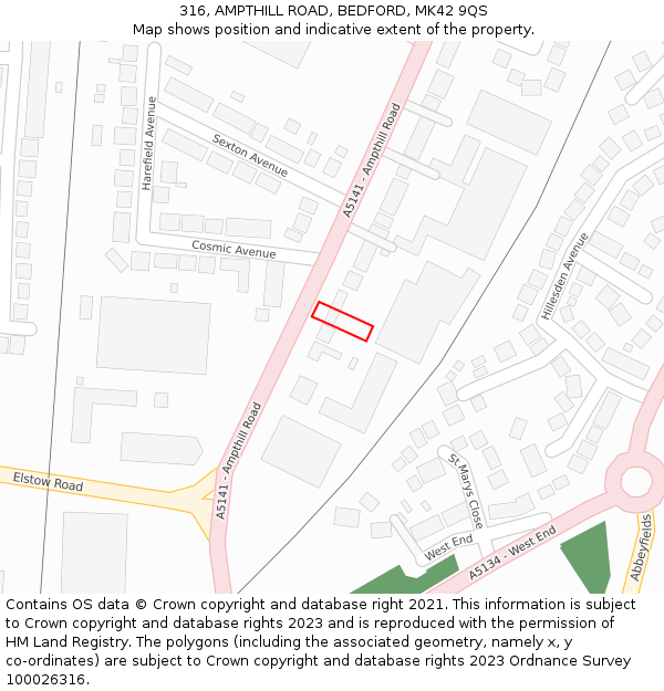 316, AMPTHILL ROAD, BEDFORD, MK42 9QS: Location map and indicative extent of plot