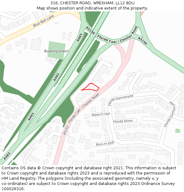 316, CHESTER ROAD, WREXHAM, LL12 8DU: Location map and indicative extent of plot