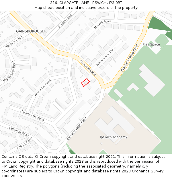 316, CLAPGATE LANE, IPSWICH, IP3 0RT: Location map and indicative extent of plot