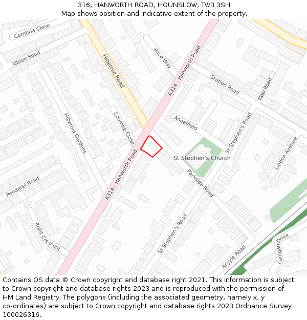 316, HANWORTH ROAD, HOUNSLOW, TW3 3SH: Location map and indicative extent of plot