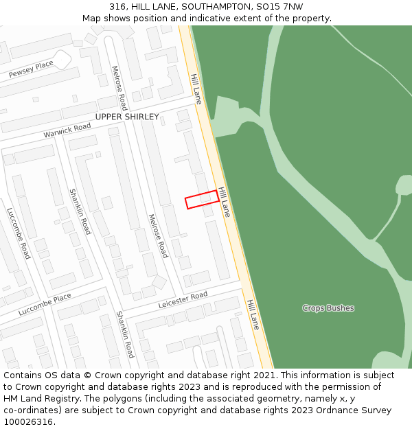 316, HILL LANE, SOUTHAMPTON, SO15 7NW: Location map and indicative extent of plot