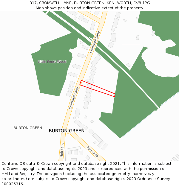 317, CROMWELL LANE, BURTON GREEN, KENILWORTH, CV8 1PG: Location map and indicative extent of plot