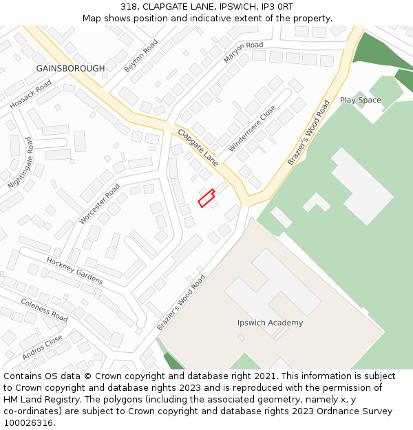 318, CLAPGATE LANE, IPSWICH, IP3 0RT: Location map and indicative extent of plot