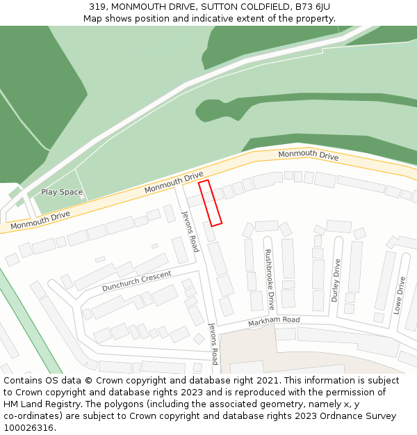 319, MONMOUTH DRIVE, SUTTON COLDFIELD, B73 6JU: Location map and indicative extent of plot