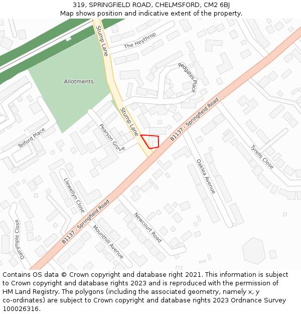 319, SPRINGFIELD ROAD, CHELMSFORD, CM2 6BJ: Location map and indicative extent of plot