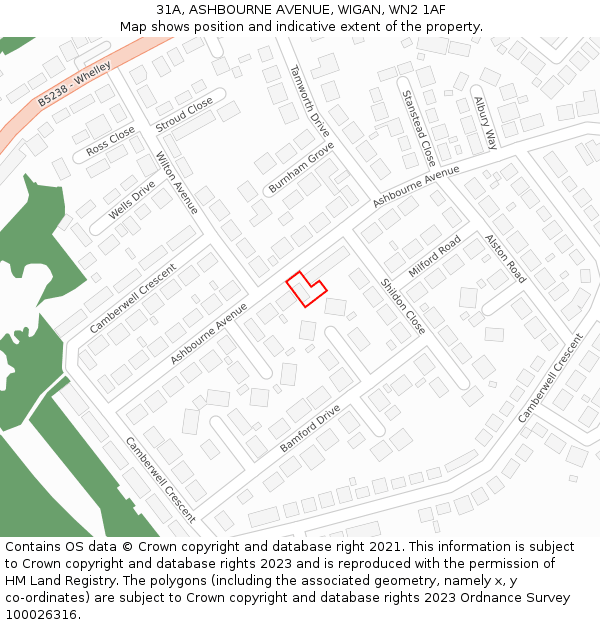 31A, ASHBOURNE AVENUE, WIGAN, WN2 1AF: Location map and indicative extent of plot