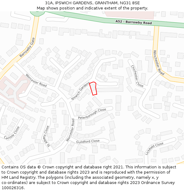 31A, IPSWICH GARDENS, GRANTHAM, NG31 8SE: Location map and indicative extent of plot