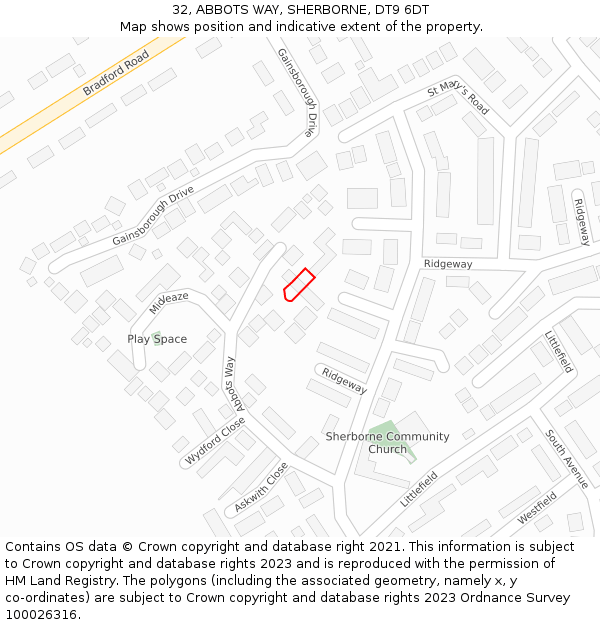 32, ABBOTS WAY, SHERBORNE, DT9 6DT: Location map and indicative extent of plot