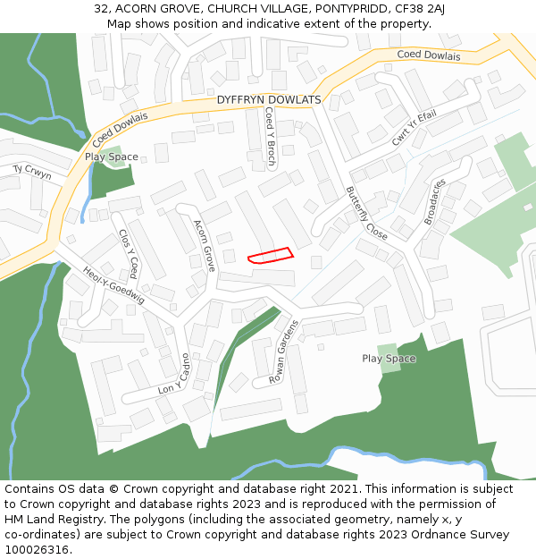 32, ACORN GROVE, CHURCH VILLAGE, PONTYPRIDD, CF38 2AJ: Location map and indicative extent of plot