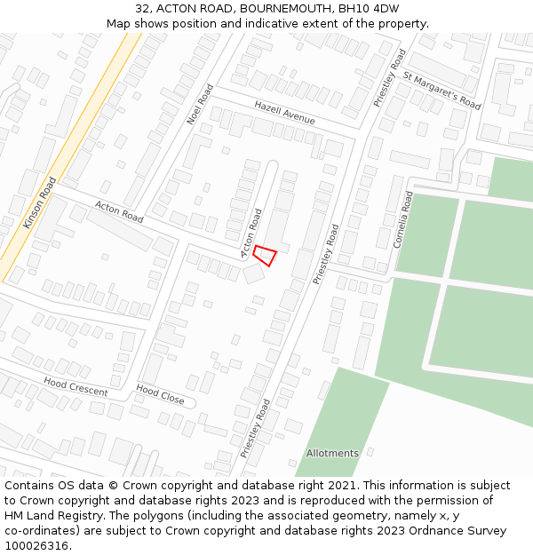 32, ACTON ROAD, BOURNEMOUTH, BH10 4DW: Location map and indicative extent of plot