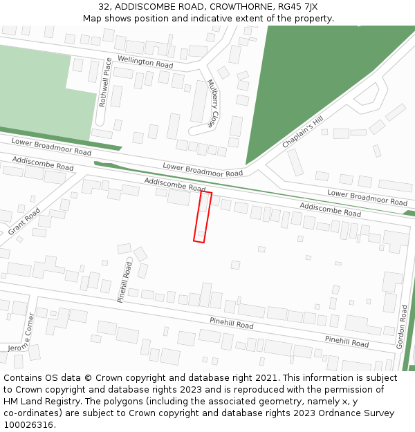 32, ADDISCOMBE ROAD, CROWTHORNE, RG45 7JX: Location map and indicative extent of plot