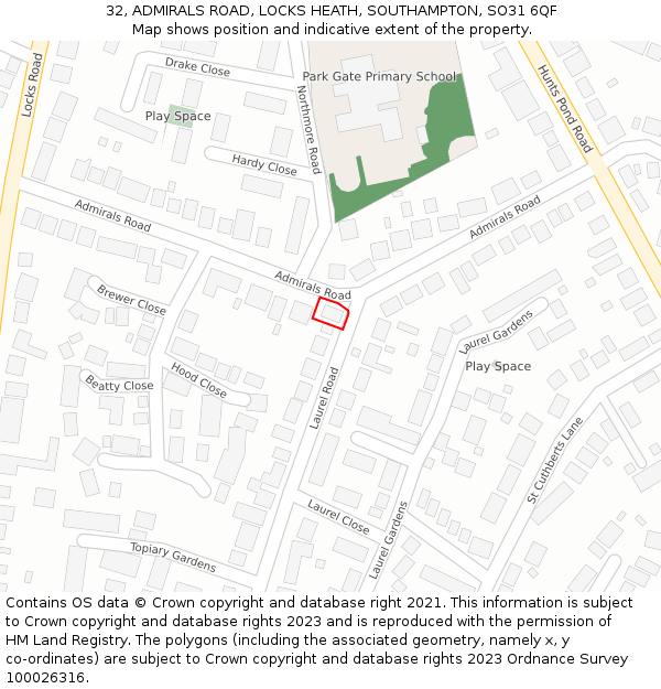 32, ADMIRALS ROAD, LOCKS HEATH, SOUTHAMPTON, SO31 6QF: Location map and indicative extent of plot