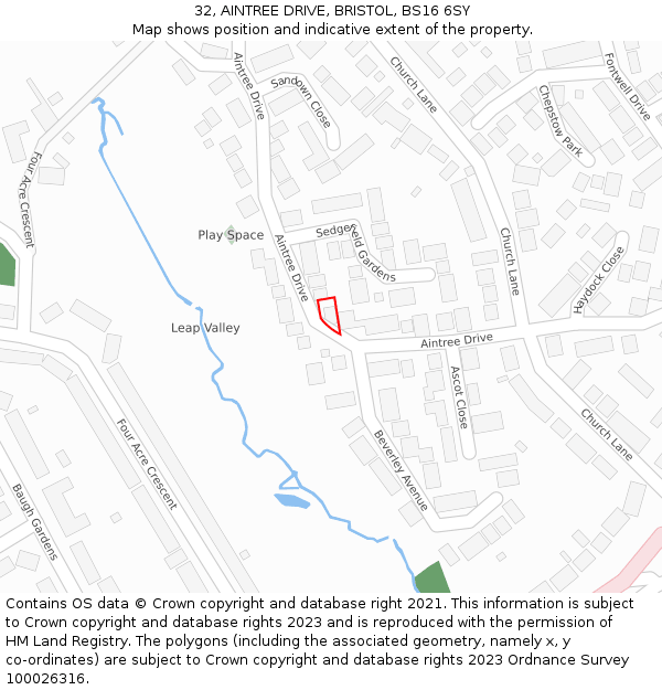 32, AINTREE DRIVE, BRISTOL, BS16 6SY: Location map and indicative extent of plot