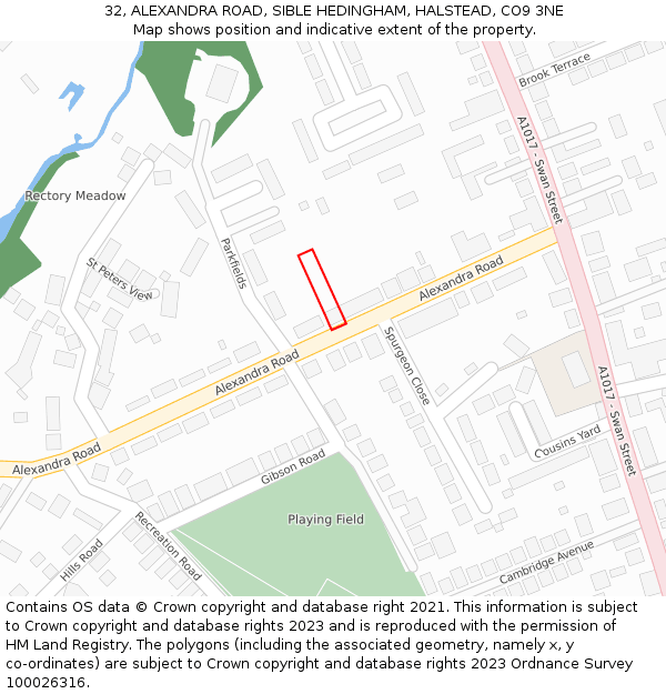 32, ALEXANDRA ROAD, SIBLE HEDINGHAM, HALSTEAD, CO9 3NE: Location map and indicative extent of plot