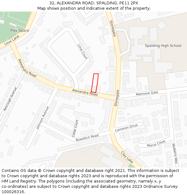 32, ALEXANDRA ROAD, SPALDING, PE11 2PX: Location map and indicative extent of plot