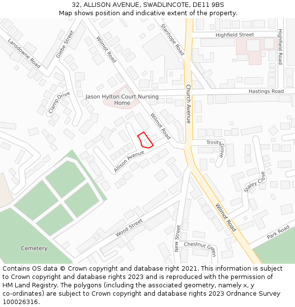 32, ALLISON AVENUE, SWADLINCOTE, DE11 9BS: Location map and indicative extent of plot