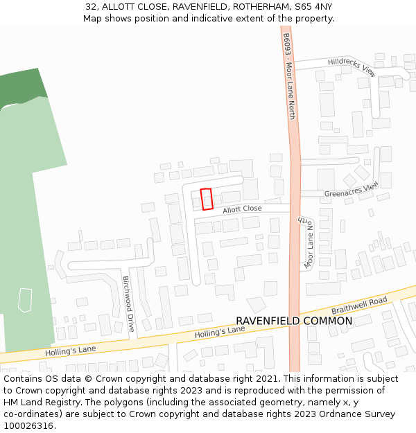 32, ALLOTT CLOSE, RAVENFIELD, ROTHERHAM, S65 4NY: Location map and indicative extent of plot