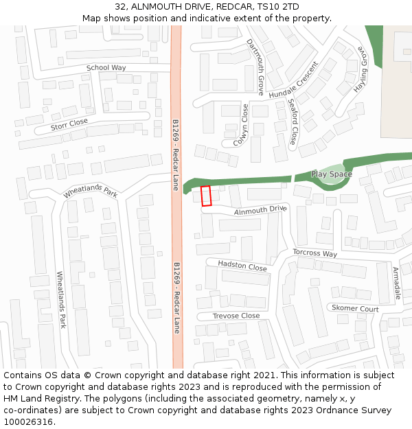 32, ALNMOUTH DRIVE, REDCAR, TS10 2TD: Location map and indicative extent of plot