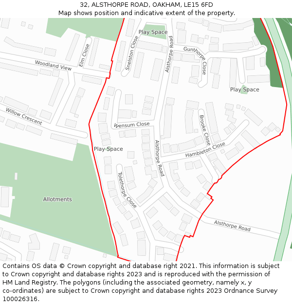 32, ALSTHORPE ROAD, OAKHAM, LE15 6FD: Location map and indicative extent of plot