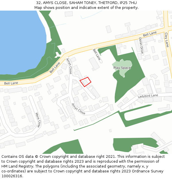 32, AMYS CLOSE, SAHAM TONEY, THETFORD, IP25 7HU: Location map and indicative extent of plot