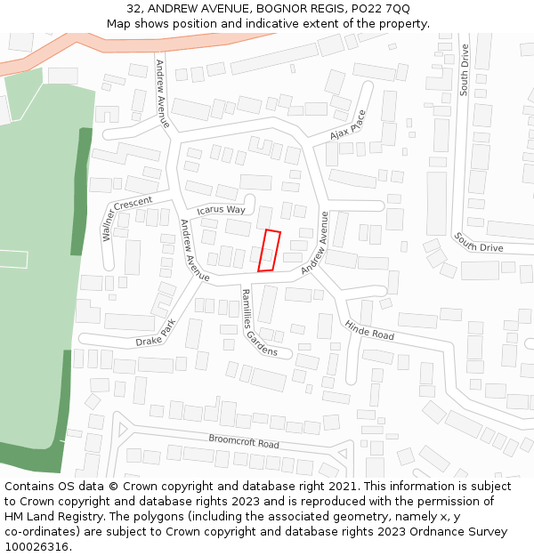 32, ANDREW AVENUE, BOGNOR REGIS, PO22 7QQ: Location map and indicative extent of plot