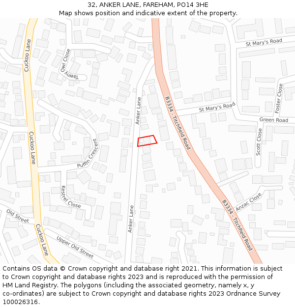 32, ANKER LANE, FAREHAM, PO14 3HE: Location map and indicative extent of plot