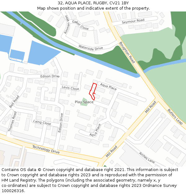 32, AQUA PLACE, RUGBY, CV21 1BY: Location map and indicative extent of plot