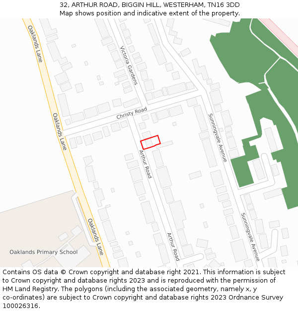 32, ARTHUR ROAD, BIGGIN HILL, WESTERHAM, TN16 3DD: Location map and indicative extent of plot