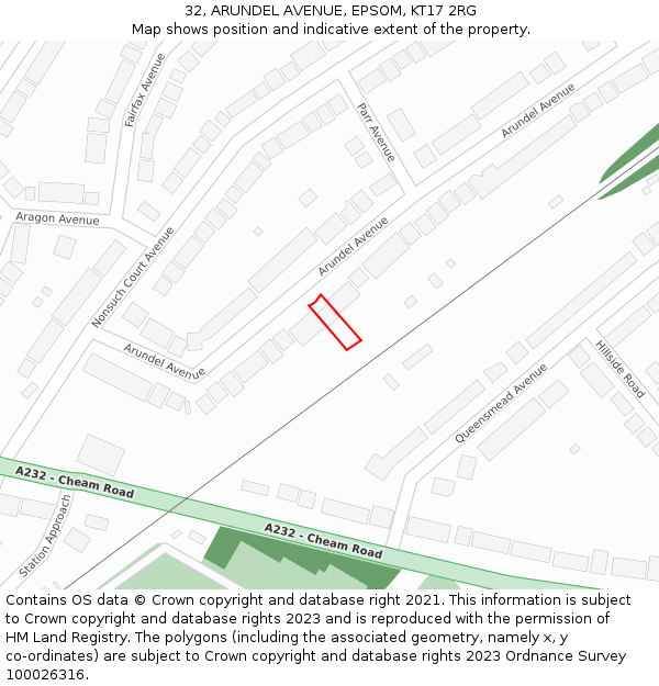 32, ARUNDEL AVENUE, EPSOM, KT17 2RG: Location map and indicative extent of plot