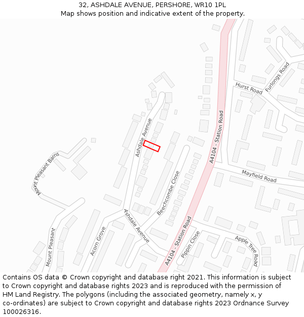32, ASHDALE AVENUE, PERSHORE, WR10 1PL: Location map and indicative extent of plot