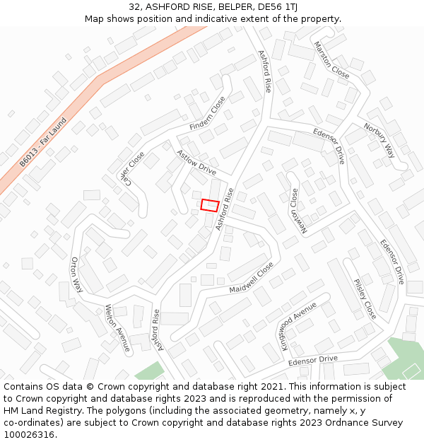 32, ASHFORD RISE, BELPER, DE56 1TJ: Location map and indicative extent of plot