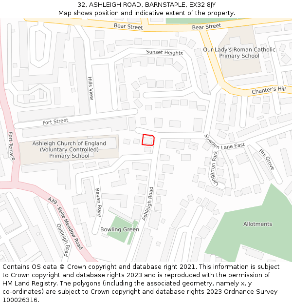 32, ASHLEIGH ROAD, BARNSTAPLE, EX32 8JY: Location map and indicative extent of plot