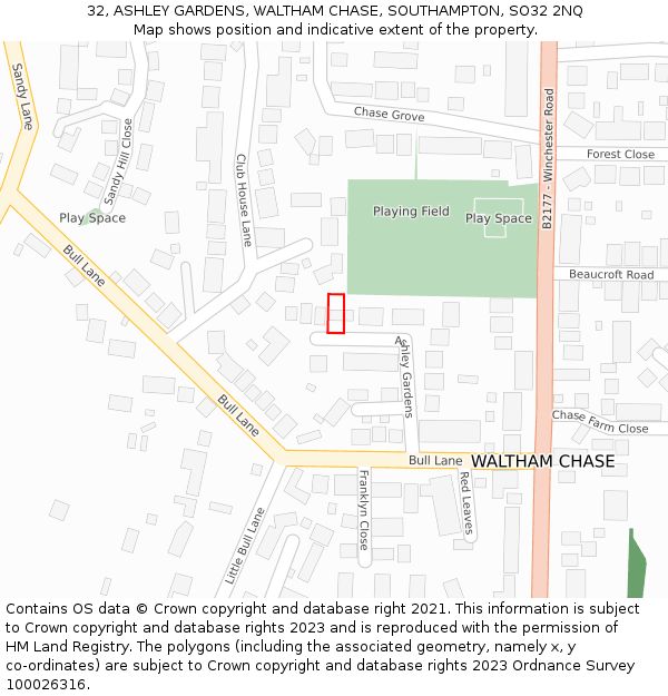 32, ASHLEY GARDENS, WALTHAM CHASE, SOUTHAMPTON, SO32 2NQ: Location map and indicative extent of plot