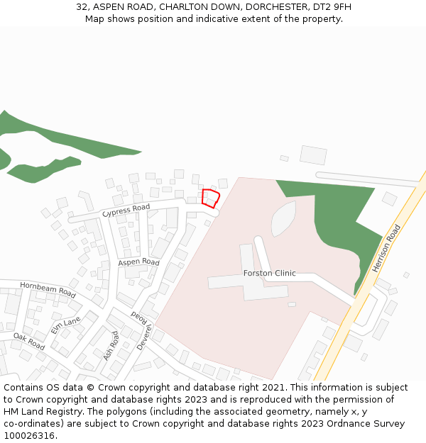 32, ASPEN ROAD, CHARLTON DOWN, DORCHESTER, DT2 9FH: Location map and indicative extent of plot
