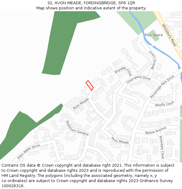 32, AVON MEADE, FORDINGBRIDGE, SP6 1QR: Location map and indicative extent of plot