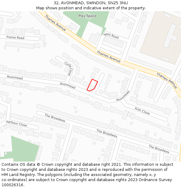 32, AVONMEAD, SWINDON, SN25 3NU: Location map and indicative extent of plot