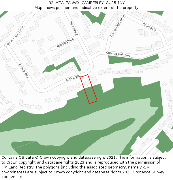 32, AZALEA WAY, CAMBERLEY, GU15 1NY: Location map and indicative extent of plot