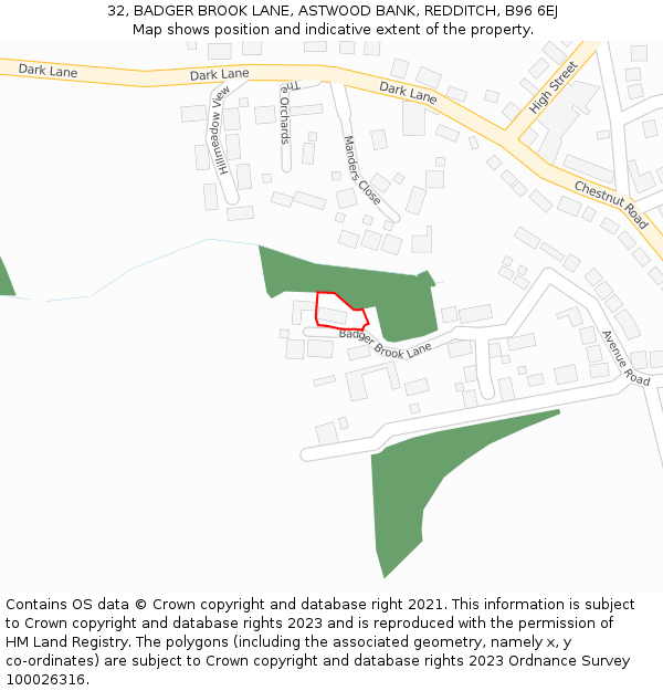 32, BADGER BROOK LANE, ASTWOOD BANK, REDDITCH, B96 6EJ: Location map and indicative extent of plot