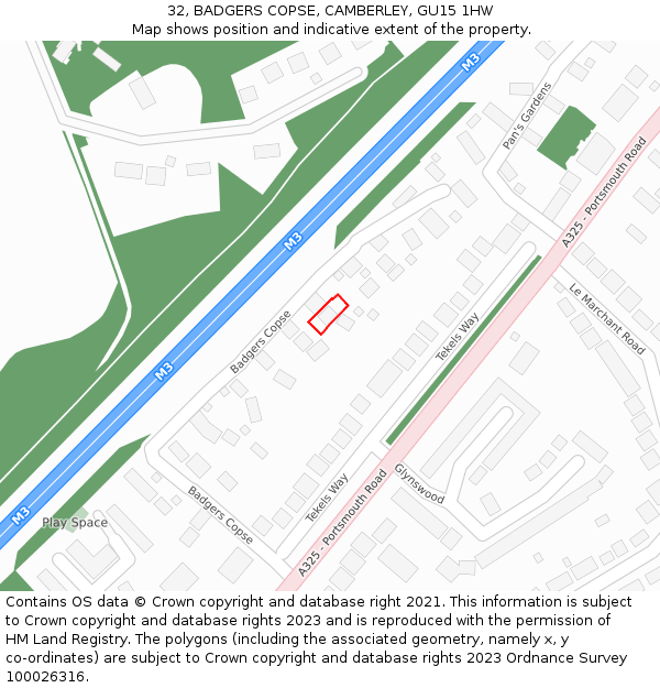 32, BADGERS COPSE, CAMBERLEY, GU15 1HW: Location map and indicative extent of plot