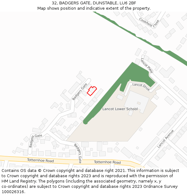 32, BADGERS GATE, DUNSTABLE, LU6 2BF: Location map and indicative extent of plot