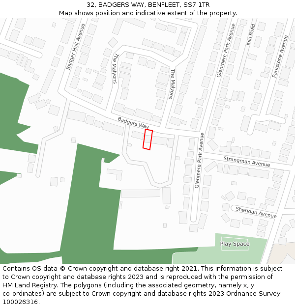 32, BADGERS WAY, BENFLEET, SS7 1TR: Location map and indicative extent of plot