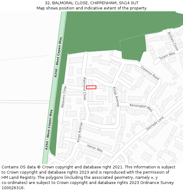 32, BALMORAL CLOSE, CHIPPENHAM, SN14 0UT: Location map and indicative extent of plot