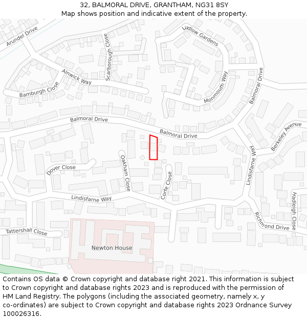 32, BALMORAL DRIVE, GRANTHAM, NG31 8SY: Location map and indicative extent of plot